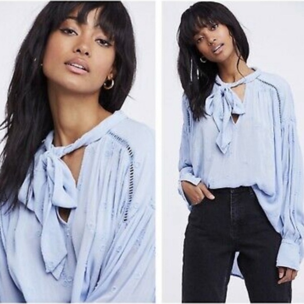 Free People Wishful Moments Tie Neck M Blue Sleeve Boho Embroidered Oversized M